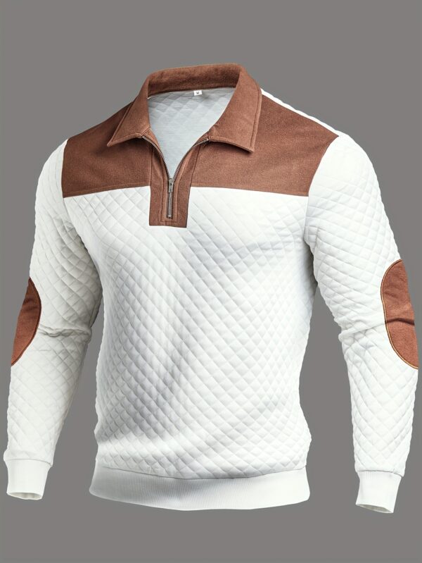 haut tendance homme automne hiver, tissu texturé décontracté d'extérieur à motifs diamant avec col pelucheux et fermeture Éclair, t shirt henley à manches longues