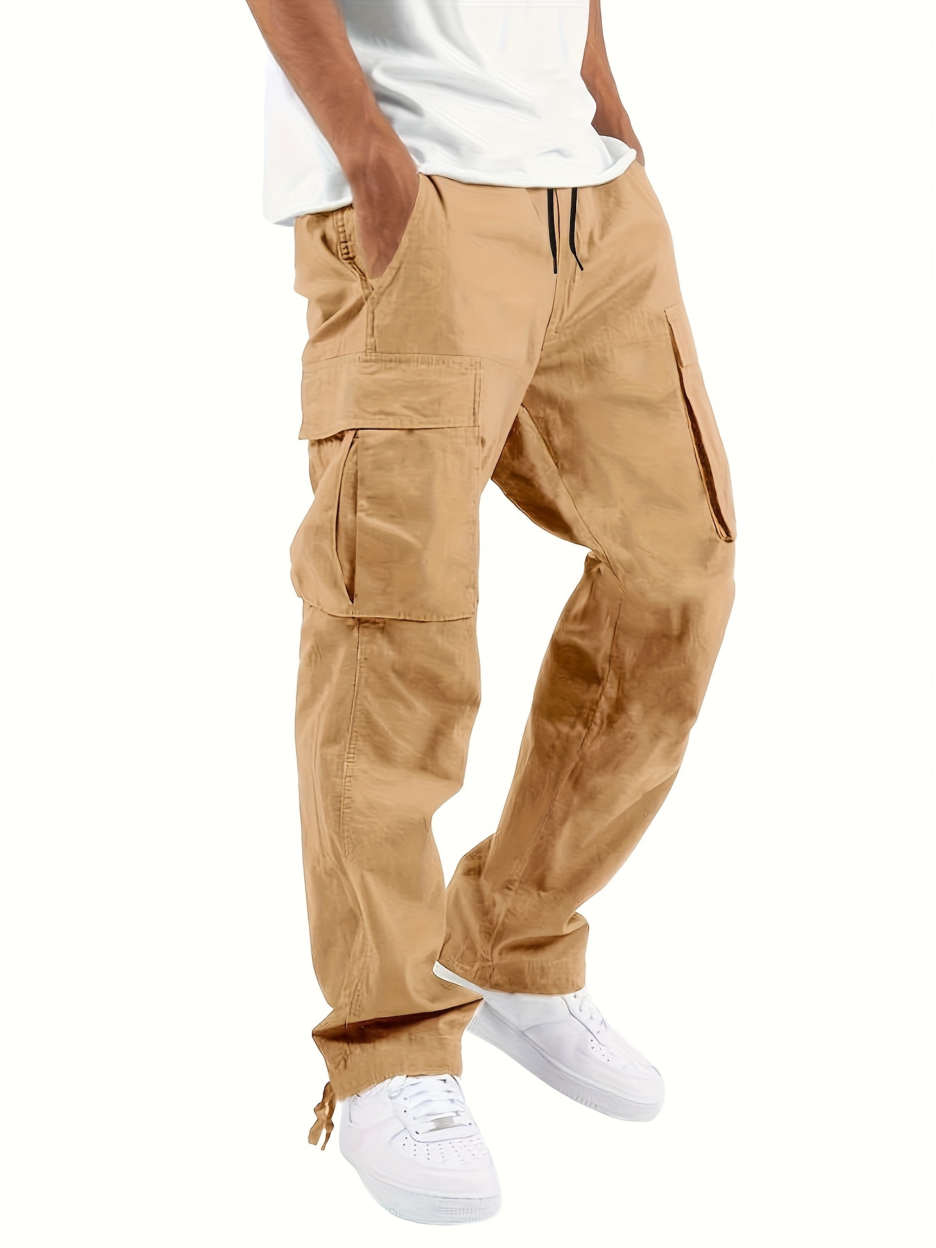 pantalon cargo décontracté pour homme, coupe regular, couleur unie, polyester, non extensible, style workwear, détails de poches, tissu tissé durable. pantalon cargo décontracté pour homme, coupe regular, couleur unie, polyester, non extensible, style workwear, détails de poches, tissu tissé durable.
