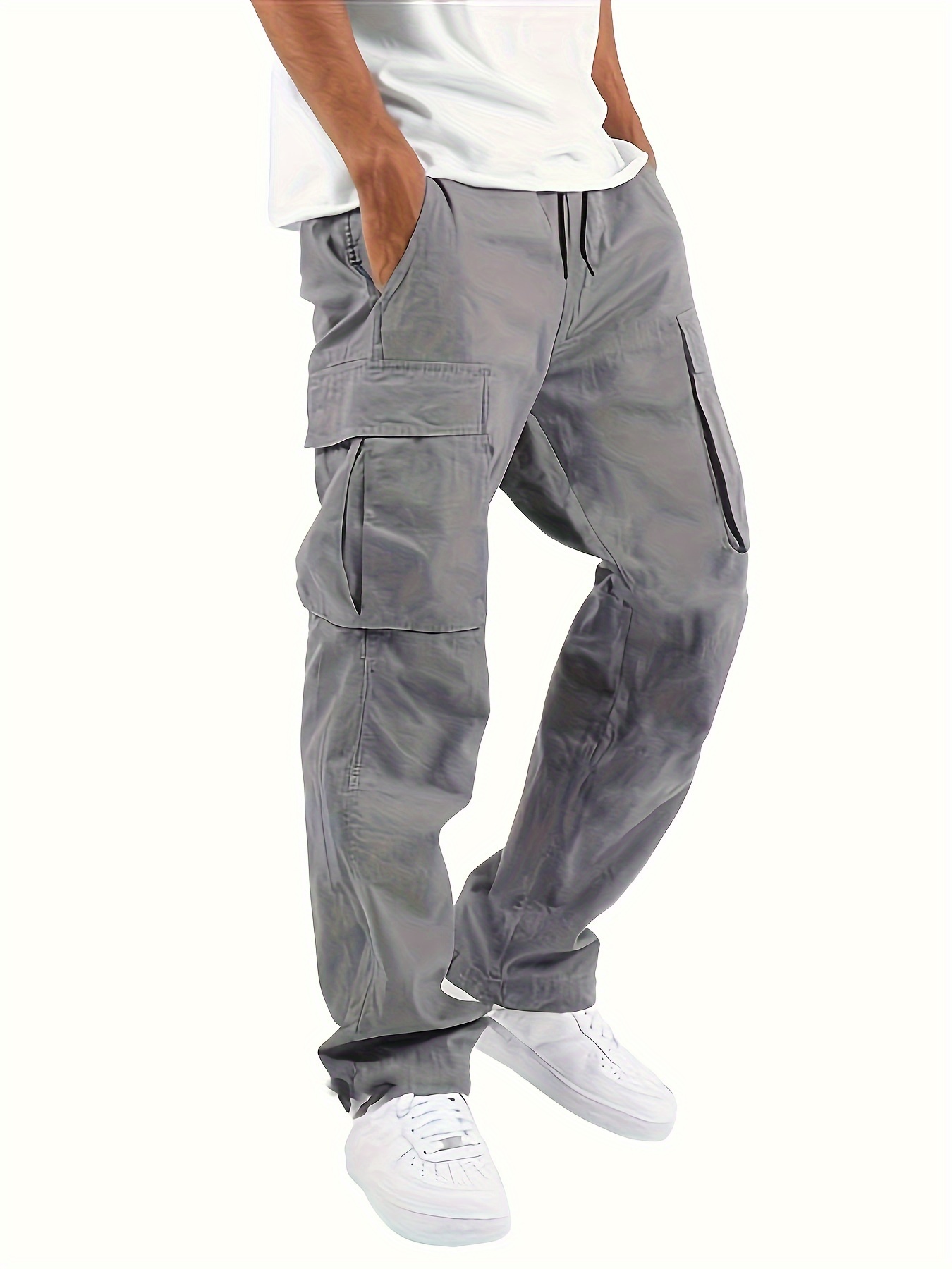 pantalon cargo décontracté pour homme, coupe regular, couleur unie, polyester, non extensible, style workwear, détails de poches, tissu tissé durable. pantalon cargo décontracté pour homme, coupe regular, couleur unie, polyester, non extensible, style workwear, détails de poches, tissu tissé durable.