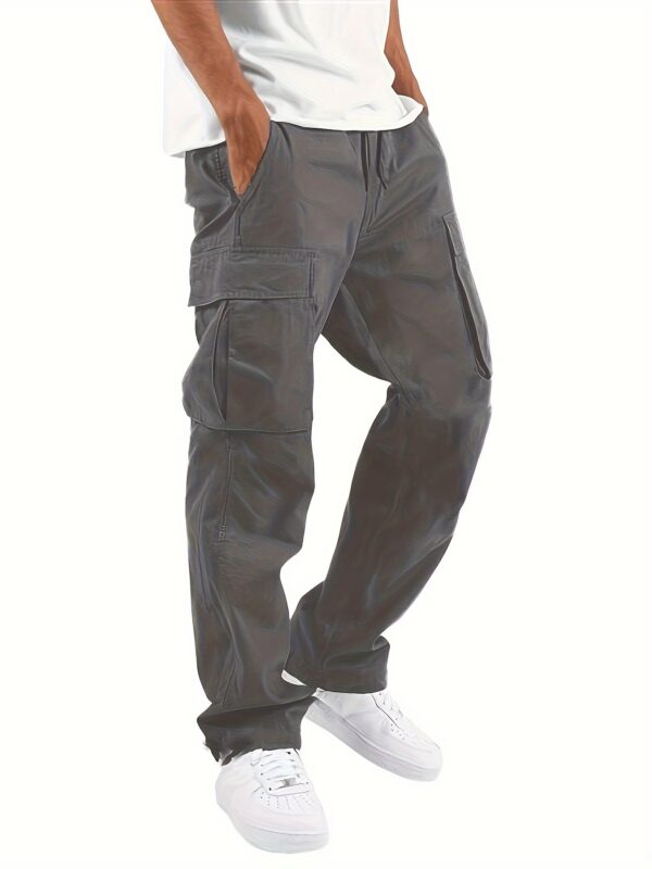pantalon cargo décontracté pour homme, coupe regular, couleur unie, polyester, non extensible, style workwear, détails de poches, tissu tissé durable.