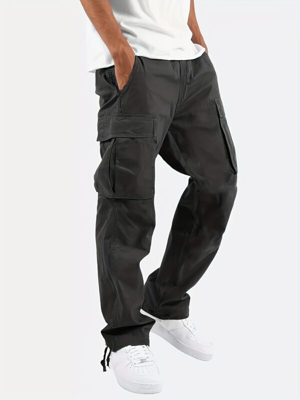 pantalon cargo décontracté pour homme, coupe regular, couleur unie, polyester, non extensible, style workwear, détails de poches, tissu tissé durable.
