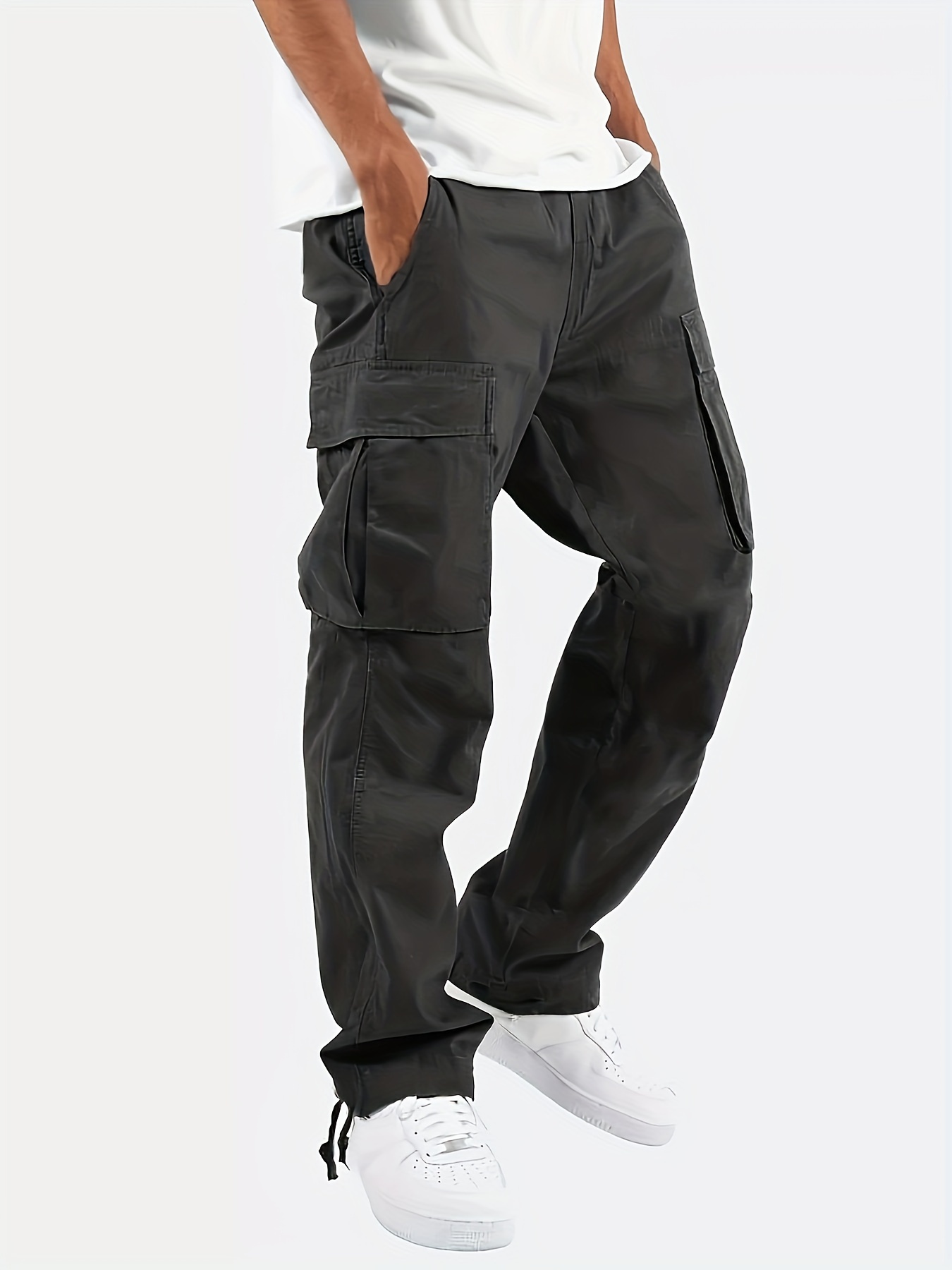 pantalon cargo décontracté pour homme, coupe regular, couleur unie, polyester, non extensible, style workwear, détails de poches, tissu tissé durable. pantalon cargo décontracté pour homme, coupe regular, couleur unie, polyester, non extensible, style workwear, détails de poches, tissu tissé durable.