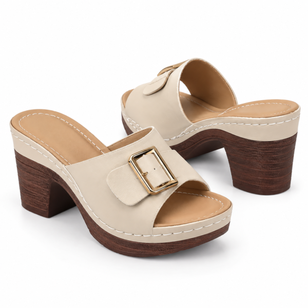 sandales plateforme femme — bride dorée & talon bois
