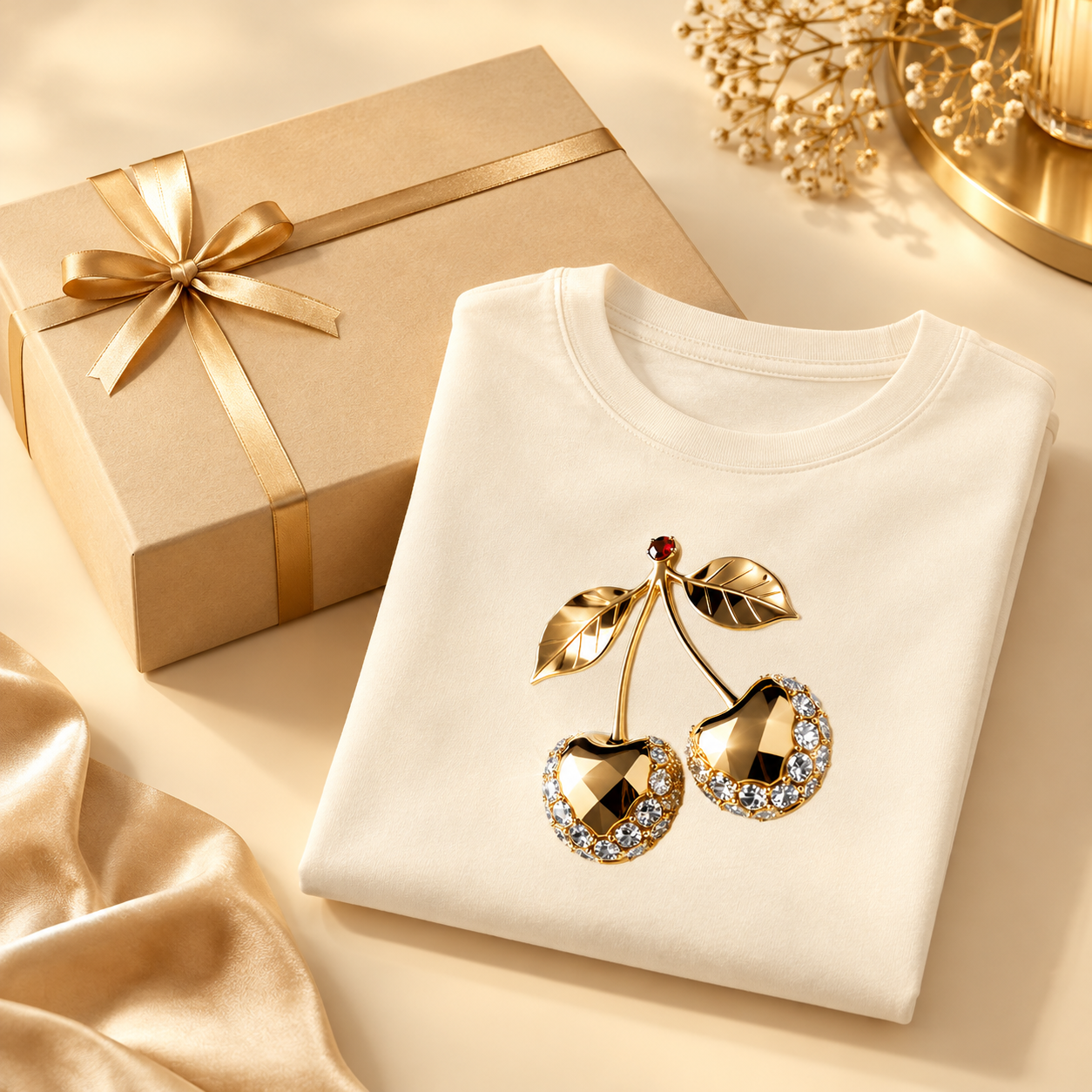 t shirt femme y2k — cerises dorées & diamants t shirt femme y2k — cerises dorées & diamants