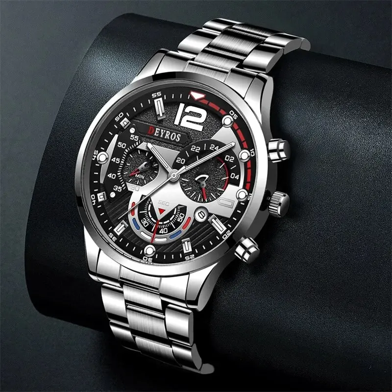 montre à quartz argentée de luxe pour hommes avec bracelet en acier inoxydable, montre d'affaires décontractée, horloge shoous, mode, 2 pièces montre à quartz argentée de luxe pour hommes avec bracelet en acier inoxydable, montre d'affaires décontractée, horloge shoous, mode, 2 pièces
