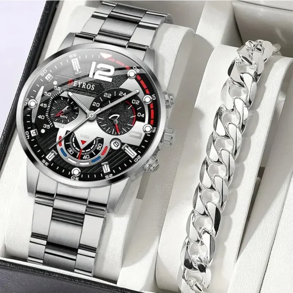 montre à quartz argentée de luxe pour hommes avec bracelet en acier inoxydable, montre d'affaires décontractée, horloge shoous, mode, 2 pièces