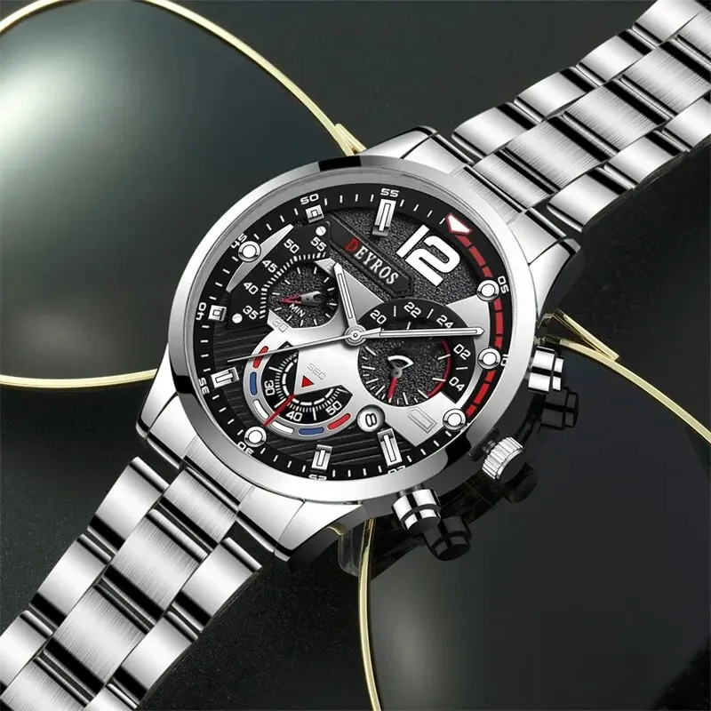 montre à quartz argentée de luxe pour hommes avec bracelet en acier inoxydable, montre d'affaires décontractée, horloge shoous, mode, 2 pièces montre à quartz argentée de luxe pour hommes avec bracelet en acier inoxydable, montre d'affaires décontractée, horloge shoous, mode, 2 pièces