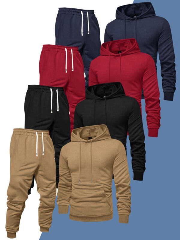 ensemble de sport décontracté pour homme, 8 pièces : sweat shirt à capuche + pantalon de survêtement, automne et printemps, couleur unie, pull uni, manches longues, capuche, cordon de serrage, taille élastique, pantalon côtelé à chevilles.