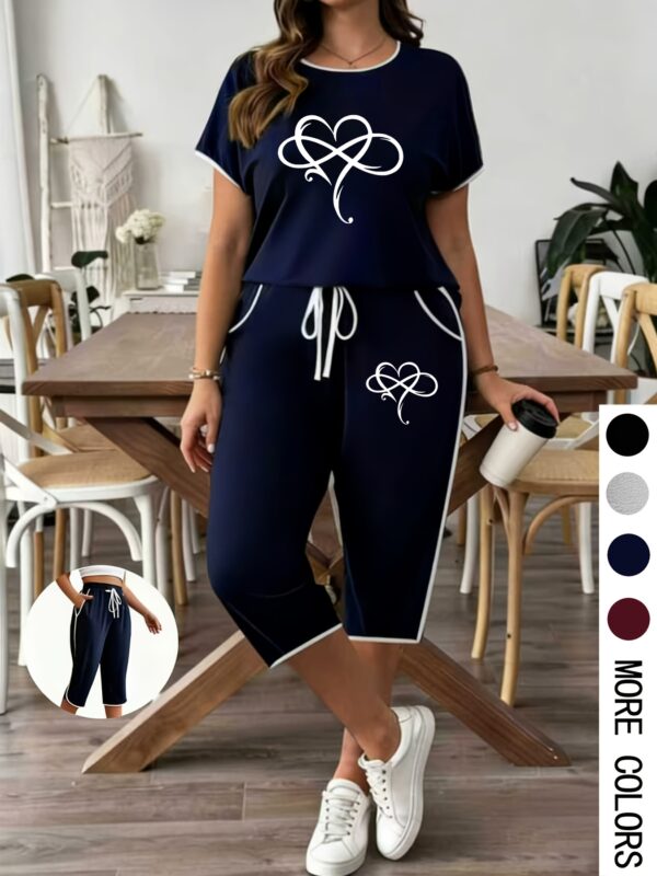 grande taille grande taille 1 ensemble printemps Été mode grande taille tenue femme manches courtes col rond imprimé cœur ruché pantalon capri ample avec poches vêtement décontracté streetwear
