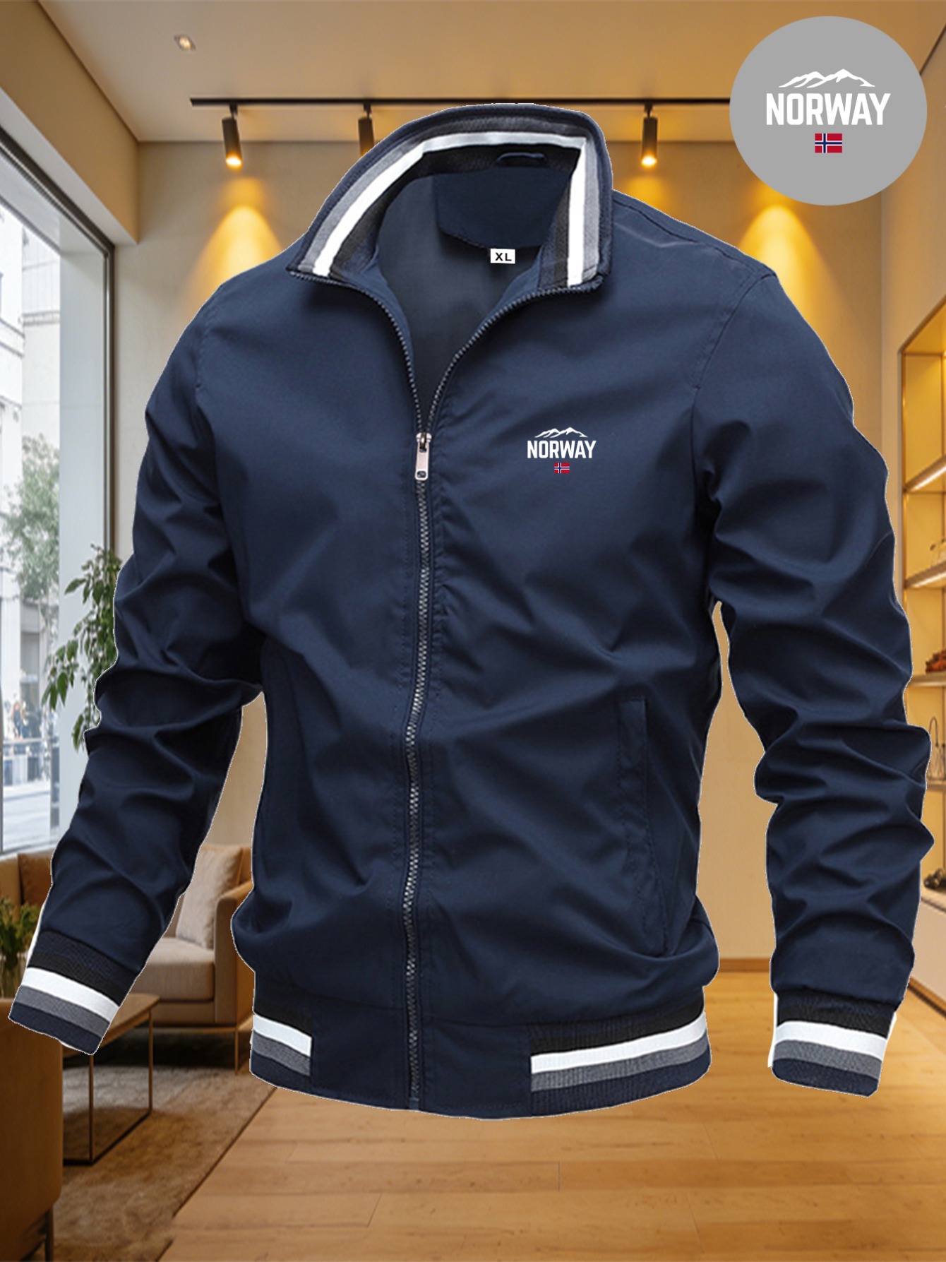 veste pour homme norway avec drapeau de la montagne de norvège, Élément de tendance d'extérieur, col de baseball bleu marine, manteau décontracté léger et coupe vent veste pour homme norway avec drapeau de la montagne de norvège, Élément de tendance d'extérieur, col de baseball bleu marine, manteau décontracté léger et coupe vent