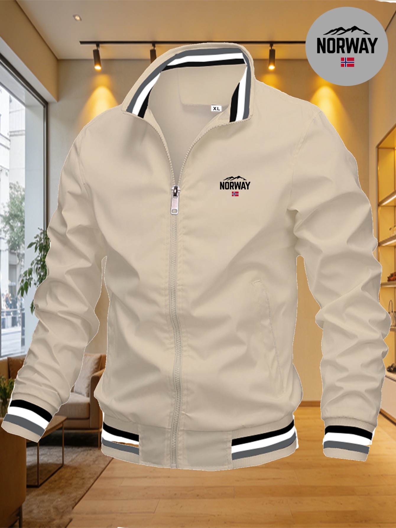 veste pour homme norway avec drapeau de la montagne de norvège, Élément de tendance d'extérieur, col de baseball bleu marine, manteau décontracté léger et coupe vent veste pour homme norway avec drapeau de la montagne de norvège, Élément de tendance d'extérieur, col de baseball bleu marine, manteau décontracté léger et coupe vent