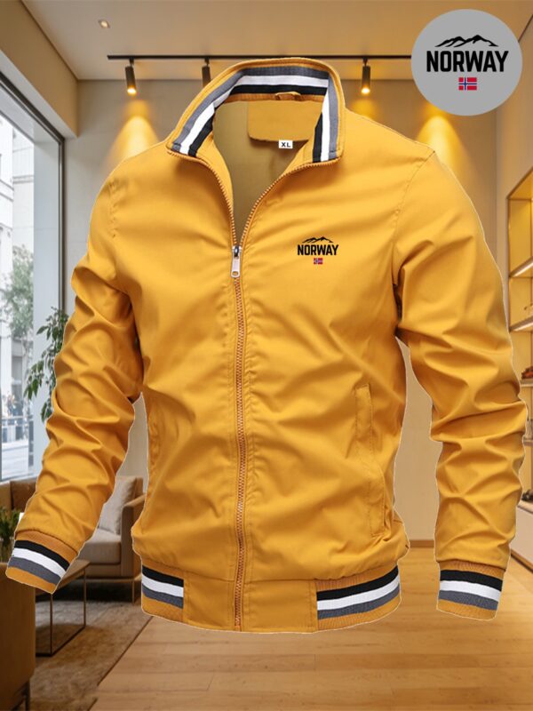 veste pour homme norway avec drapeau de la montagne de norvège, Élément de tendance d'extérieur, col de baseball bleu marine, manteau décontracté léger et coupe vent