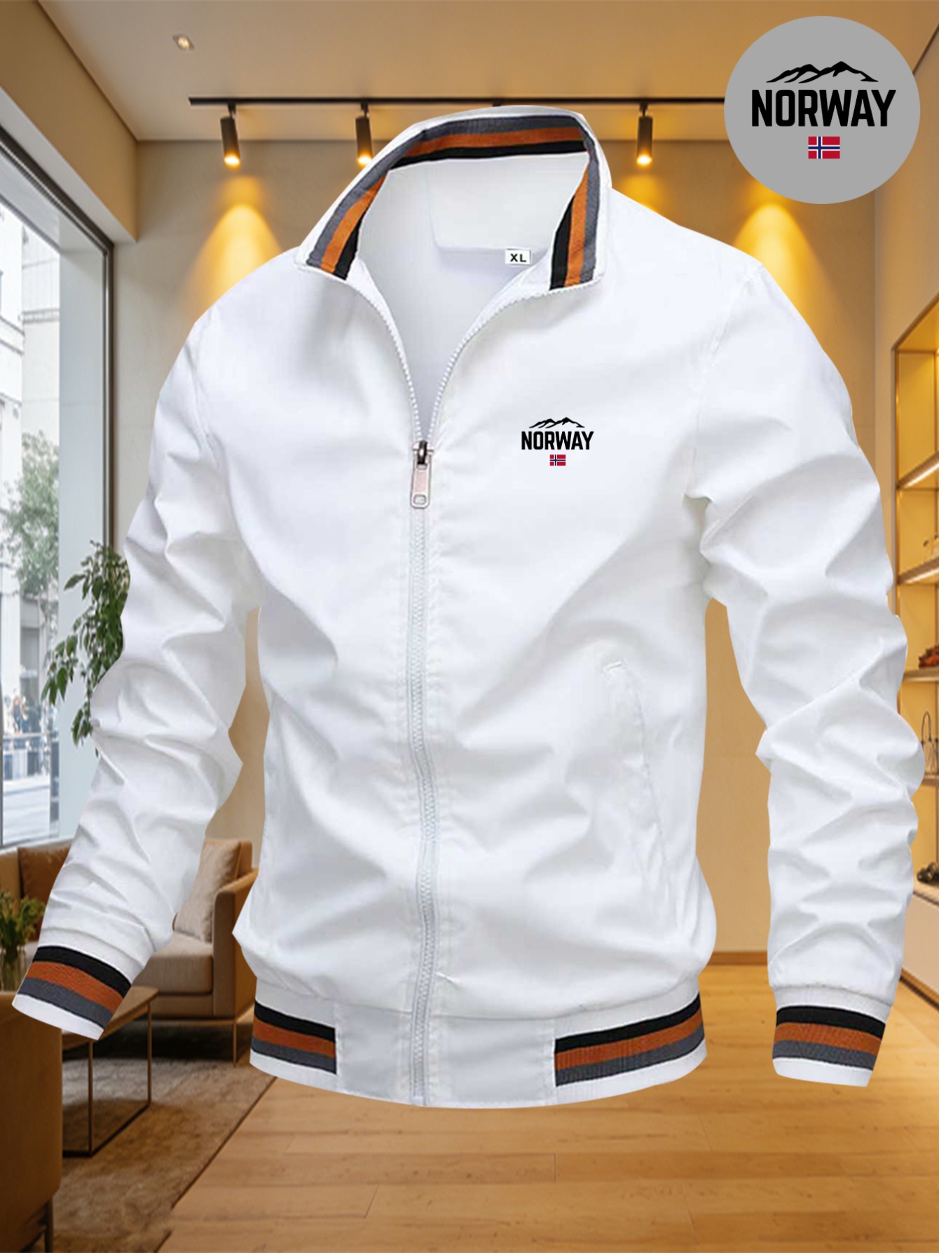 veste pour homme norway avec drapeau de la montagne de norvège, Élément de tendance d'extérieur, col de baseball bleu marine, manteau décontracté léger et coupe vent veste pour homme norway avec drapeau de la montagne de norvège, Élément de tendance d'extérieur, col de baseball bleu marine, manteau décontracté léger et coupe vent