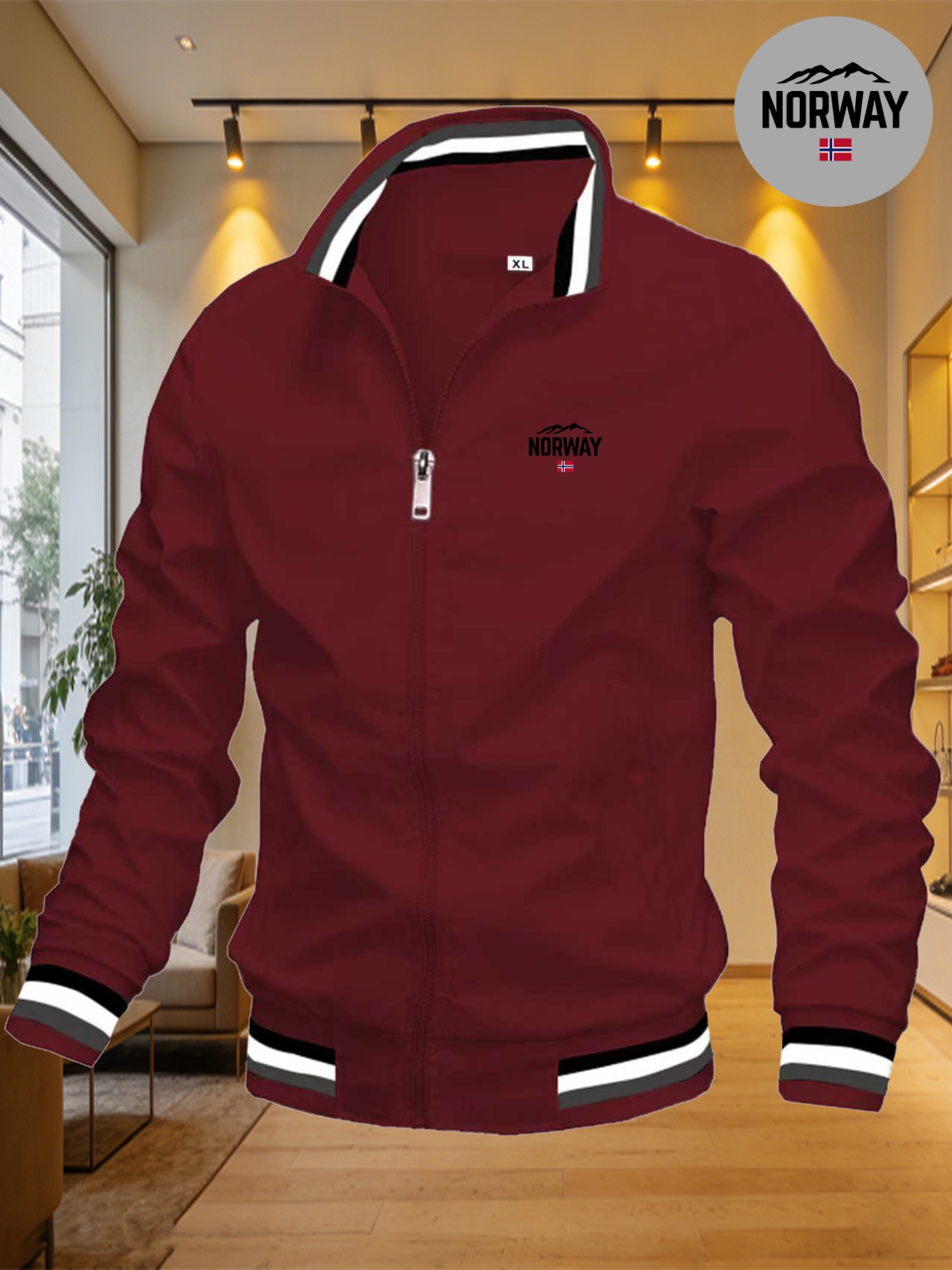 veste pour homme norway avec drapeau de la montagne de norvège, Élément de tendance d'extérieur, col de baseball bleu marine, manteau décontracté léger et coupe vent veste pour homme norway avec drapeau de la montagne de norvège, Élément de tendance d'extérieur, col de baseball bleu marine, manteau décontracté léger et coupe vent