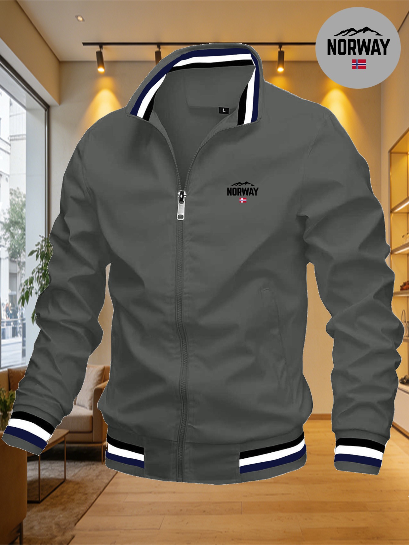 veste pour homme norway avec drapeau de la montagne de norvège, Élément de tendance d'extérieur, col de baseball bleu marine, manteau décontracté léger et coupe vent veste pour homme norway avec drapeau de la montagne de norvège, Élément de tendance d'extérieur, col de baseball bleu marine, manteau décontracté léger et coupe vent
