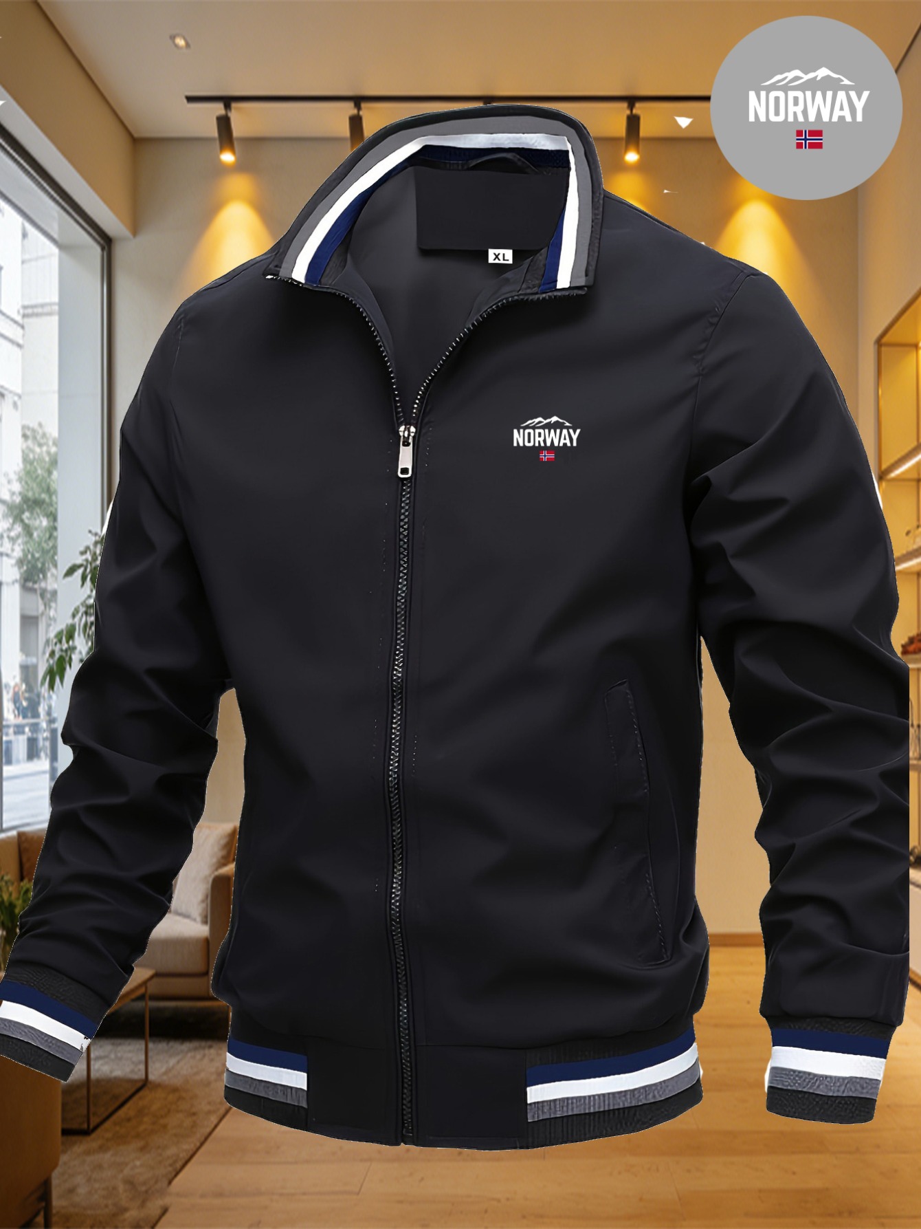 veste pour homme norway avec drapeau de la montagne de norvège, Élément de tendance d'extérieur, col de baseball bleu marine, manteau décontracté léger et coupe vent veste pour homme norway avec drapeau de la montagne de norvège, Élément de tendance d'extérieur, col de baseball bleu marine, manteau décontracté léger et coupe vent