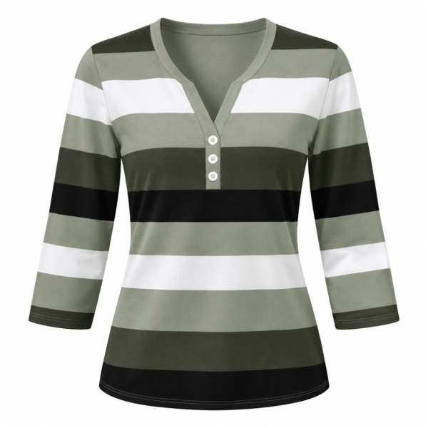 nouvelle arrivée printemps/Été mode femme, style décontracté, t shirt de base ample à rayures, col en v, manches trois quarts, boutonné, haut polyvalent pour les trajets quotidiens et les rendez vous, tendance streetwear pour sortie quotidienne, lavable en machine convient pour un usage quotidien