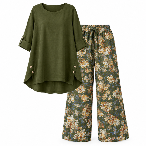 ensemble floral grande taille femme — haut uni & pantalon fleuri