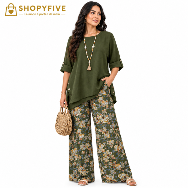 ensemble floral grande taille femme — haut uni & pantalon fleuri
