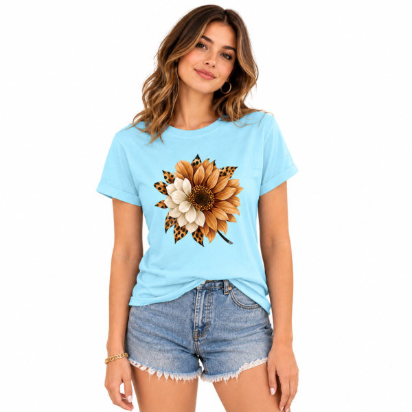t shirt femme tournesol — motif floral & imprimé léopard