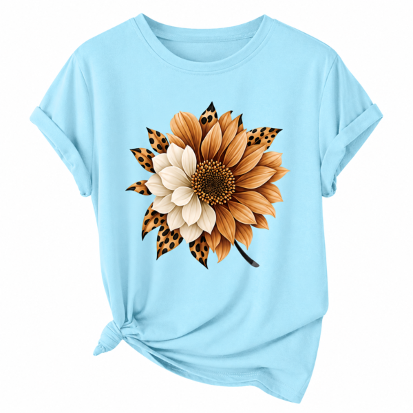 t shirt femme tournesol — motif floral & imprimé léopard