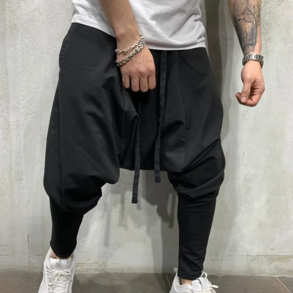 Home pantalon sarouel noir pour hommes, streetwear hip hop avec cordon de serrage, pantalon décontracté, coupe cintrée, élastique à la cheville, jogging noir