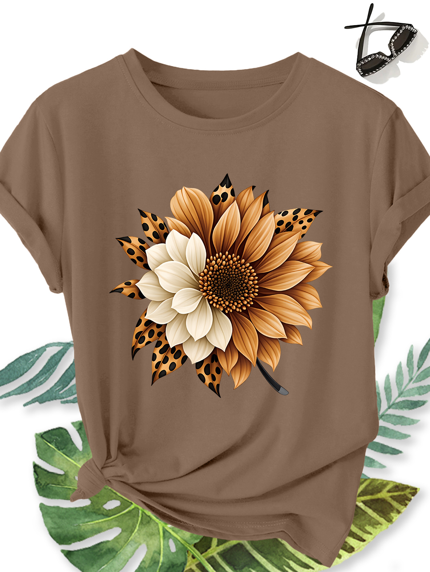 t shirt femme Élégant grande taille manches courtes, motif floral tournesol et imprimé léopard, col rond confortable doux et respirant, nouvelle collection printemps Été, cadeau idéal, haut rétro décontracté tendance pour le quotidien, les voyages et les trajets domicile travail t shirt femme Élégant grande taille manches courtes, motif floral tournesol et imprimé léopard, col rond confortable doux et respirant, nouvelle collection printemps Été, cadeau idéal, haut rétro décontracté tendance pour le quotidien, les voyages et les trajets domicile travail