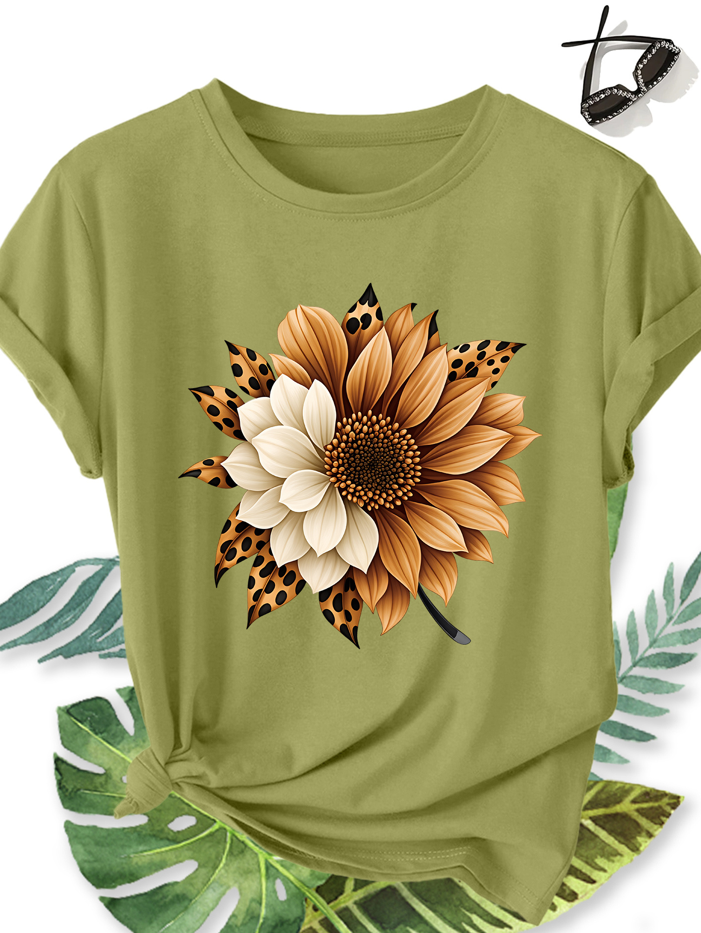 t shirt femme Élégant grande taille manches courtes, motif floral tournesol et imprimé léopard, col rond confortable doux et respirant, nouvelle collection printemps Été, cadeau idéal, haut rétro décontracté tendance pour le quotidien, les voyages et les trajets domicile travail t shirt femme Élégant grande taille manches courtes, motif floral tournesol et imprimé léopard, col rond confortable doux et respirant, nouvelle collection printemps Été, cadeau idéal, haut rétro décontracté tendance pour le quotidien, les voyages et les trajets domicile travail