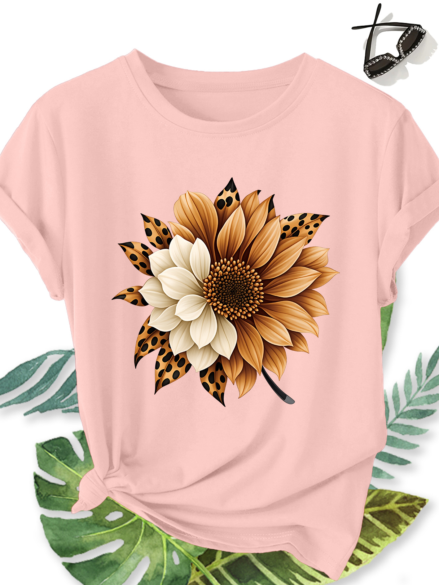 t shirt femme Élégant grande taille manches courtes, motif floral tournesol et imprimé léopard, col rond confortable doux et respirant, nouvelle collection printemps Été, cadeau idéal, haut rétro décontracté tendance pour le quotidien, les voyages et les trajets domicile travail t shirt femme Élégant grande taille manches courtes, motif floral tournesol et imprimé léopard, col rond confortable doux et respirant, nouvelle collection printemps Été, cadeau idéal, haut rétro décontracté tendance pour le quotidien, les voyages et les trajets domicile travail