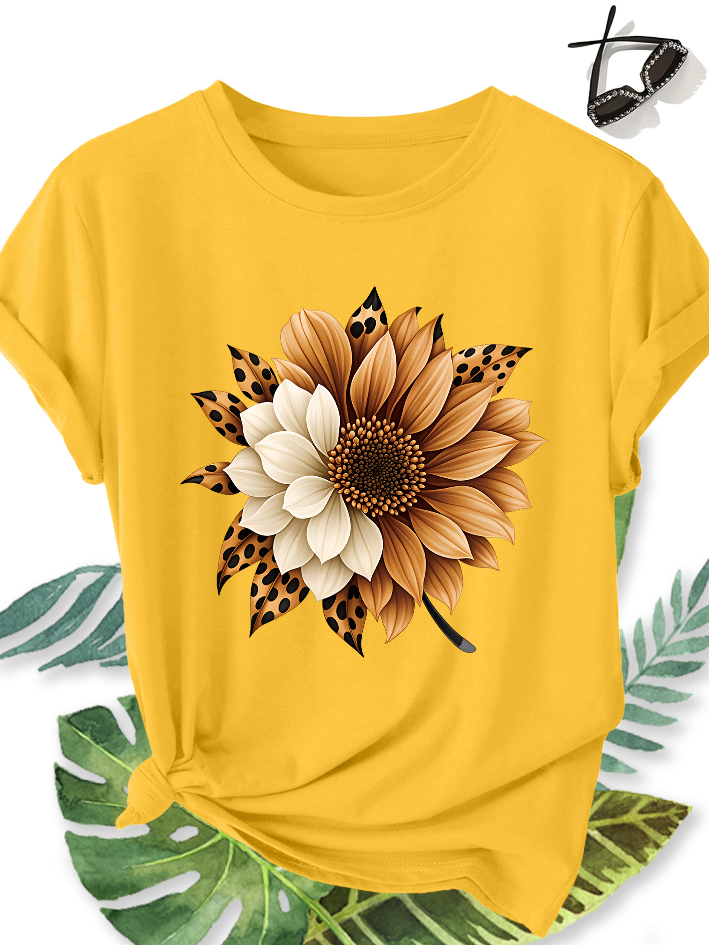 t shirt femme Élégant grande taille manches courtes, motif floral tournesol et imprimé léopard, col rond confortable doux et respirant, nouvelle collection printemps Été, cadeau idéal, haut rétro décontracté tendance pour le quotidien, les voyages et les trajets domicile travail t shirt femme Élégant grande taille manches courtes, motif floral tournesol et imprimé léopard, col rond confortable doux et respirant, nouvelle collection printemps Été, cadeau idéal, haut rétro décontracté tendance pour le quotidien, les voyages et les trajets domicile travail