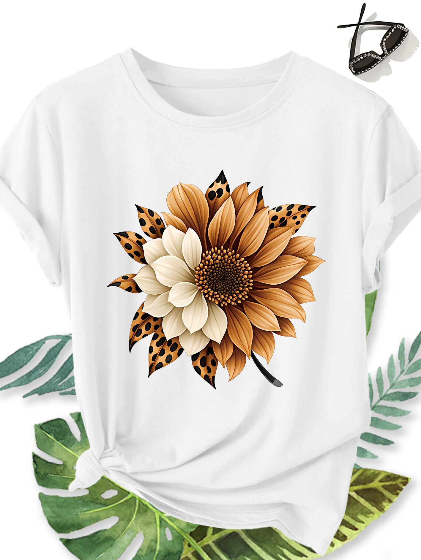 t shirt femme Élégant grande taille manches courtes, motif floral tournesol et imprimé léopard, col rond confortable doux et respirant, nouvelle collection printemps Été, cadeau idéal, haut rétro décontracté tendance pour le quotidien, les voyages et les trajets domicile travail t shirt femme Élégant grande taille manches courtes, motif floral tournesol et imprimé léopard, col rond confortable doux et respirant, nouvelle collection printemps Été, cadeau idéal, haut rétro décontracté tendance pour le quotidien, les voyages et les trajets domicile travail