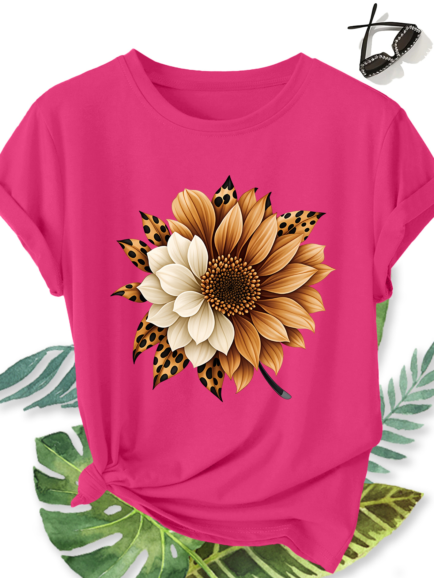 t shirt femme Élégant grande taille manches courtes, motif floral tournesol et imprimé léopard, col rond confortable doux et respirant, nouvelle collection printemps Été, cadeau idéal, haut rétro décontracté tendance pour le quotidien, les voyages et les trajets domicile travail t shirt femme Élégant grande taille manches courtes, motif floral tournesol et imprimé léopard, col rond confortable doux et respirant, nouvelle collection printemps Été, cadeau idéal, haut rétro décontracté tendance pour le quotidien, les voyages et les trajets domicile travail