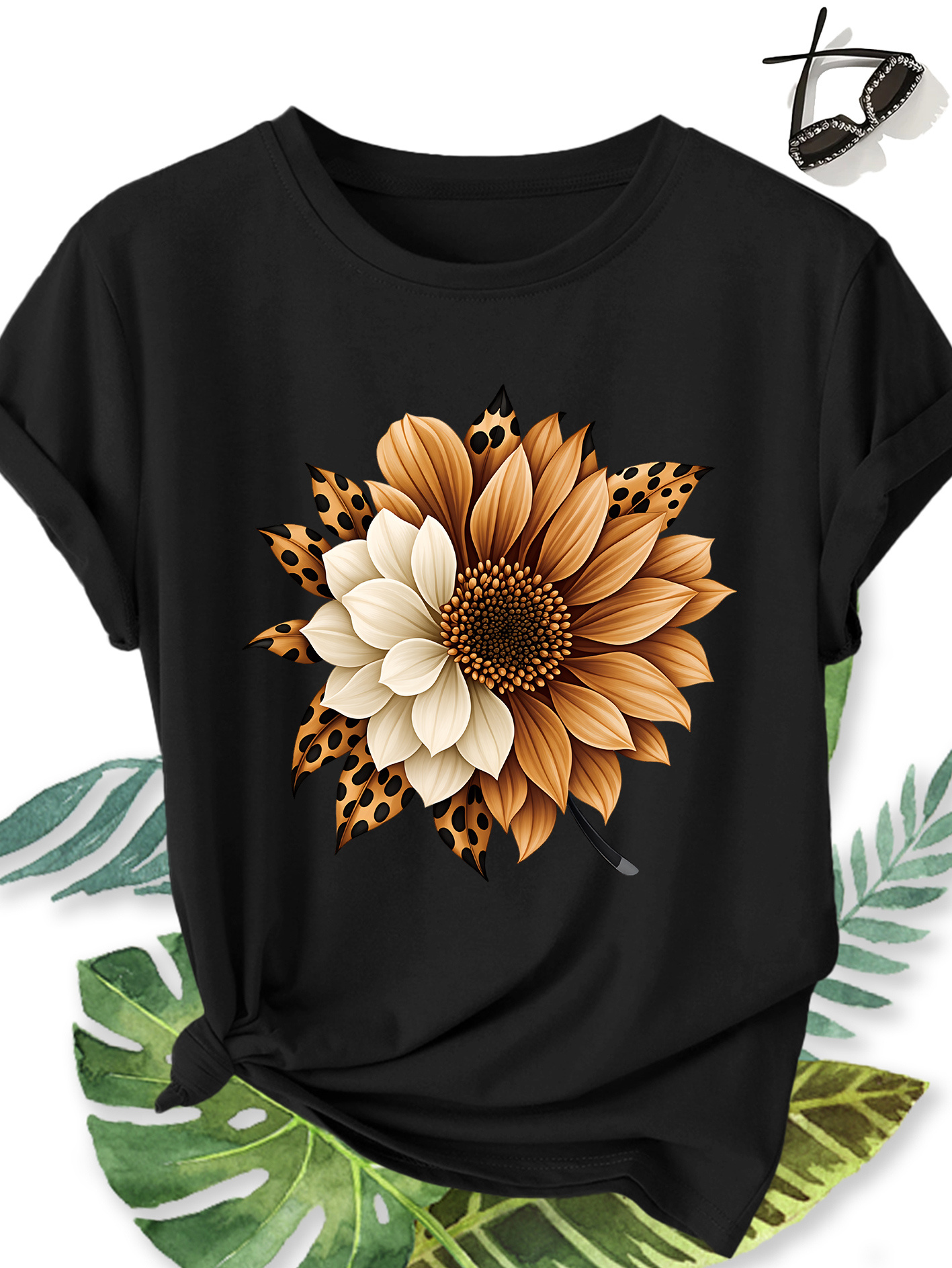 t shirt femme Élégant grande taille manches courtes, motif floral tournesol et imprimé léopard, col rond confortable doux et respirant, nouvelle collection printemps Été, cadeau idéal, haut rétro décontracté tendance pour le quotidien, les voyages et les trajets domicile travail t shirt femme Élégant grande taille manches courtes, motif floral tournesol et imprimé léopard, col rond confortable doux et respirant, nouvelle collection printemps Été, cadeau idéal, haut rétro décontracté tendance pour le quotidien, les voyages et les trajets domicile travail