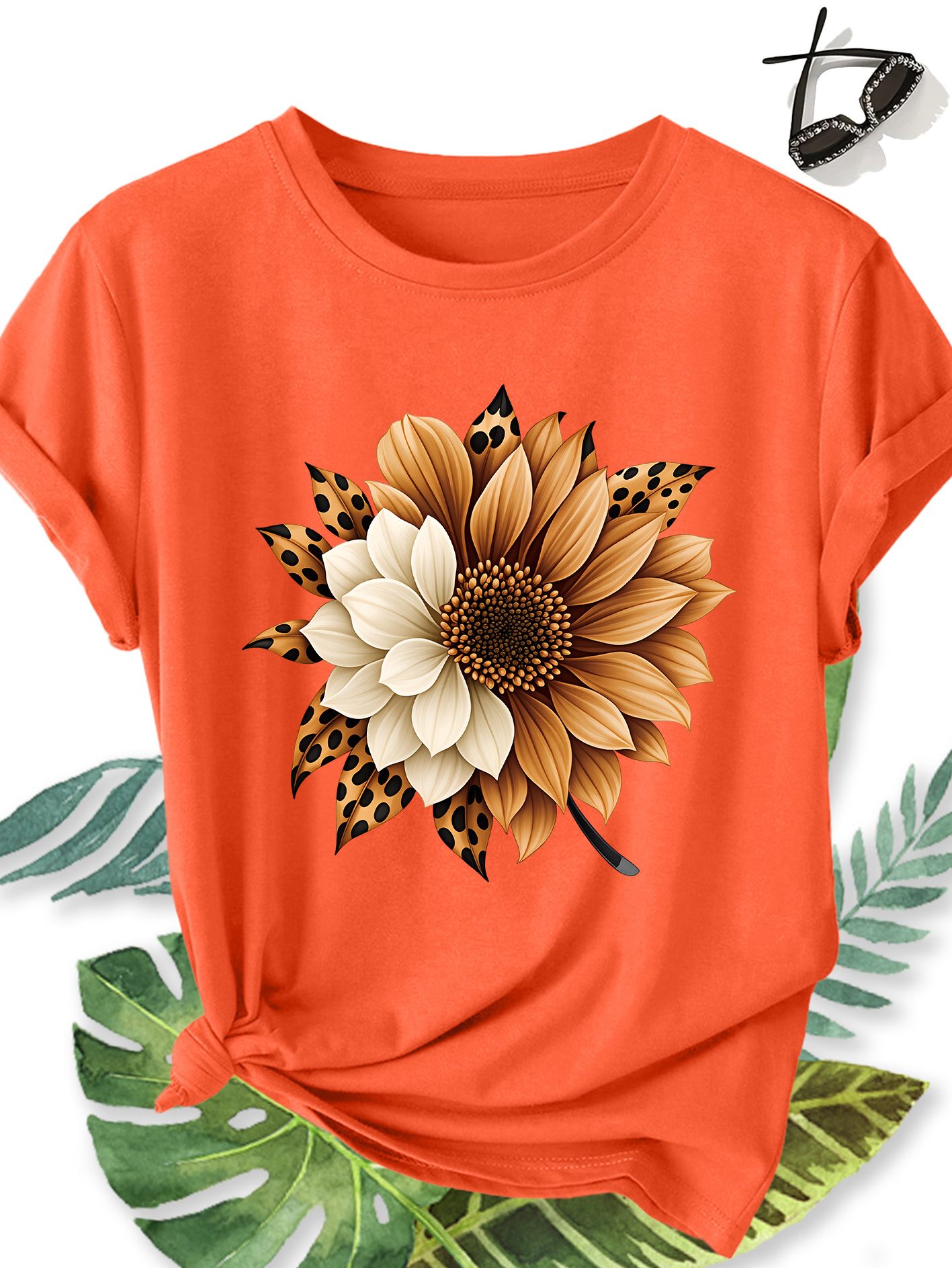 t shirt femme Élégant grande taille manches courtes, motif floral tournesol et imprimé léopard, col rond confortable doux et respirant, nouvelle collection printemps Été, cadeau idéal, haut rétro décontracté tendance pour le quotidien, les voyages et les trajets domicile travail t shirt femme Élégant grande taille manches courtes, motif floral tournesol et imprimé léopard, col rond confortable doux et respirant, nouvelle collection printemps Été, cadeau idéal, haut rétro décontracté tendance pour le quotidien, les voyages et les trajets domicile travail