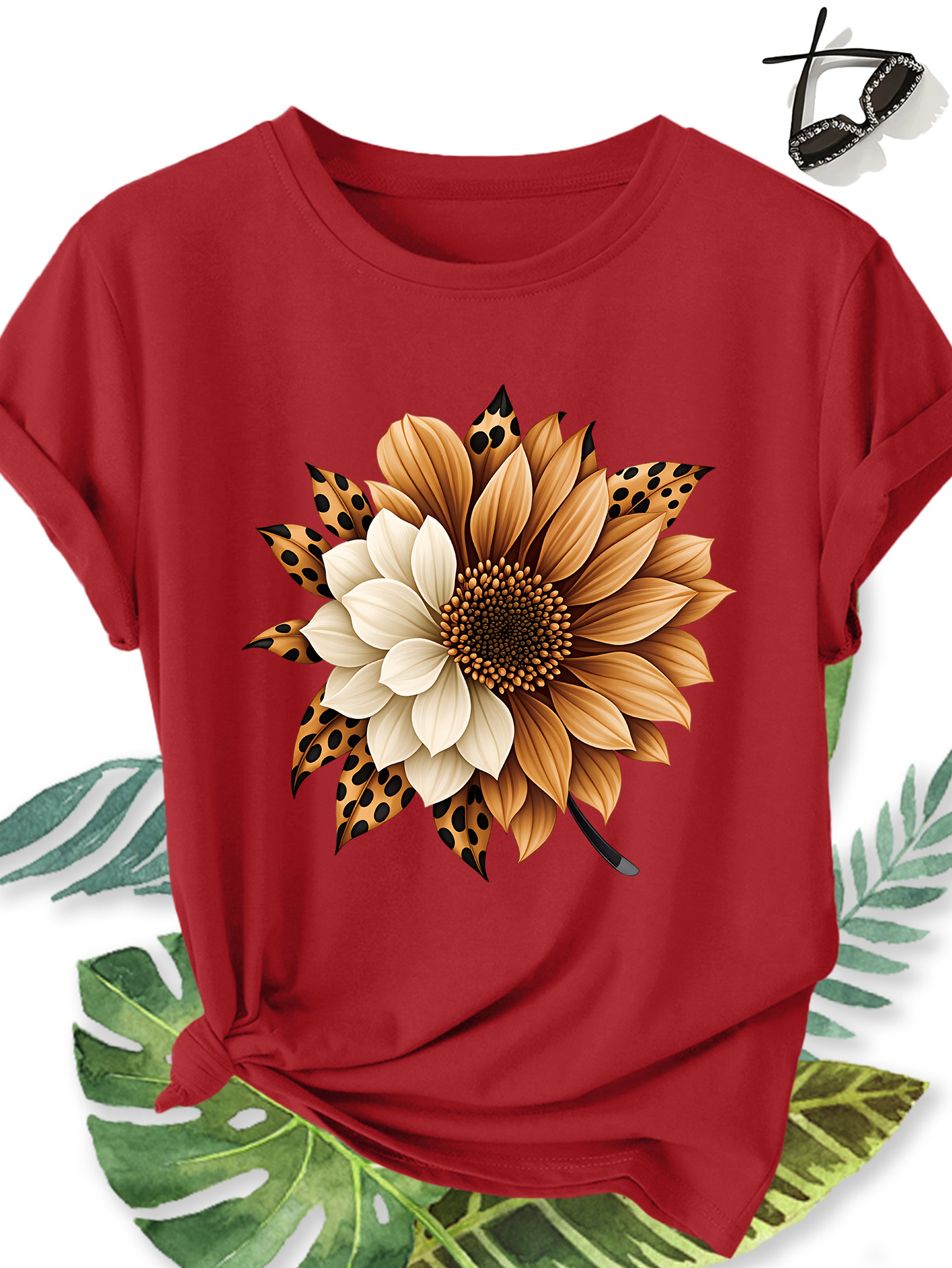 t shirt femme Élégant grande taille manches courtes, motif floral tournesol et imprimé léopard, col rond confortable doux et respirant, nouvelle collection printemps Été, cadeau idéal, haut rétro décontracté tendance pour le quotidien, les voyages et les trajets domicile travail t shirt femme Élégant grande taille manches courtes, motif floral tournesol et imprimé léopard, col rond confortable doux et respirant, nouvelle collection printemps Été, cadeau idéal, haut rétro décontracté tendance pour le quotidien, les voyages et les trajets domicile travail