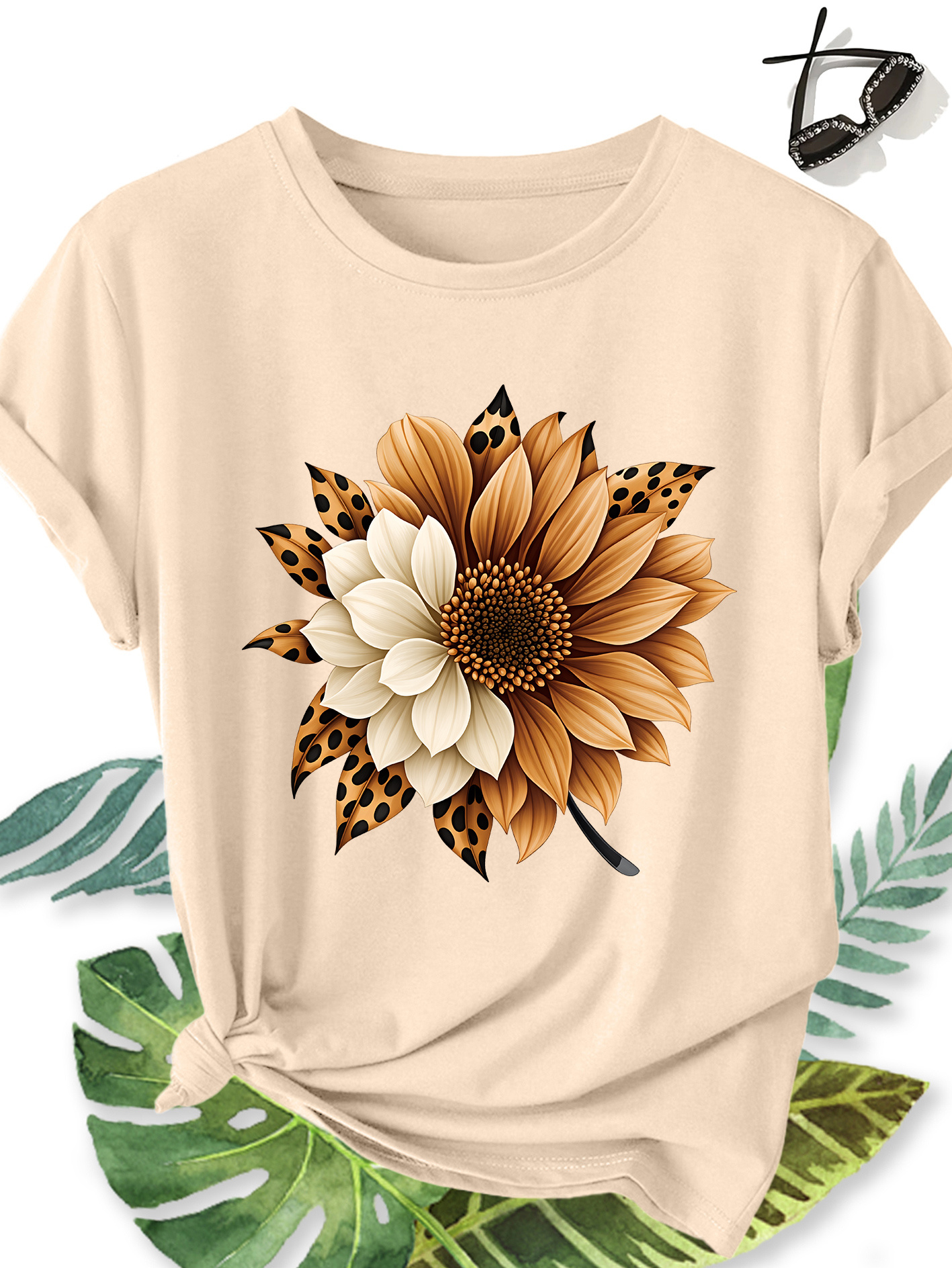 t shirt femme Élégant grande taille manches courtes, motif floral tournesol et imprimé léopard, col rond confortable doux et respirant, nouvelle collection printemps Été, cadeau idéal, haut rétro décontracté tendance pour le quotidien, les voyages et les trajets domicile travail t shirt femme Élégant grande taille manches courtes, motif floral tournesol et imprimé léopard, col rond confortable doux et respirant, nouvelle collection printemps Été, cadeau idéal, haut rétro décontracté tendance pour le quotidien, les voyages et les trajets domicile travail