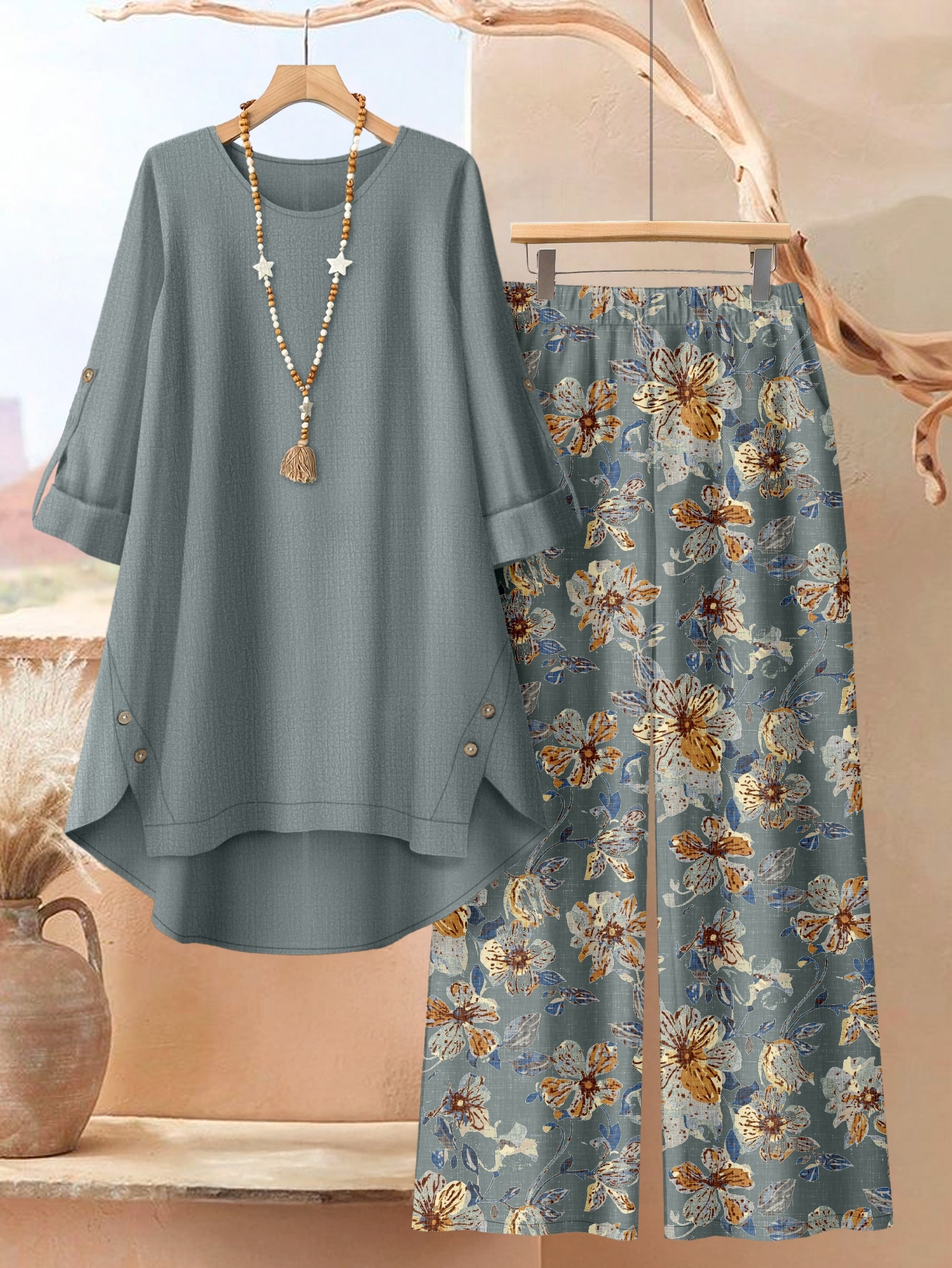 ensemble 2 pièces grande taille : haut uni à ourlet irrégulier et pantalon à imprimé floral, élégance au quotidien ensemble 2 pièces grande taille : haut uni à ourlet irrégulier et pantalon à imprimé floral, élégance au quotidien