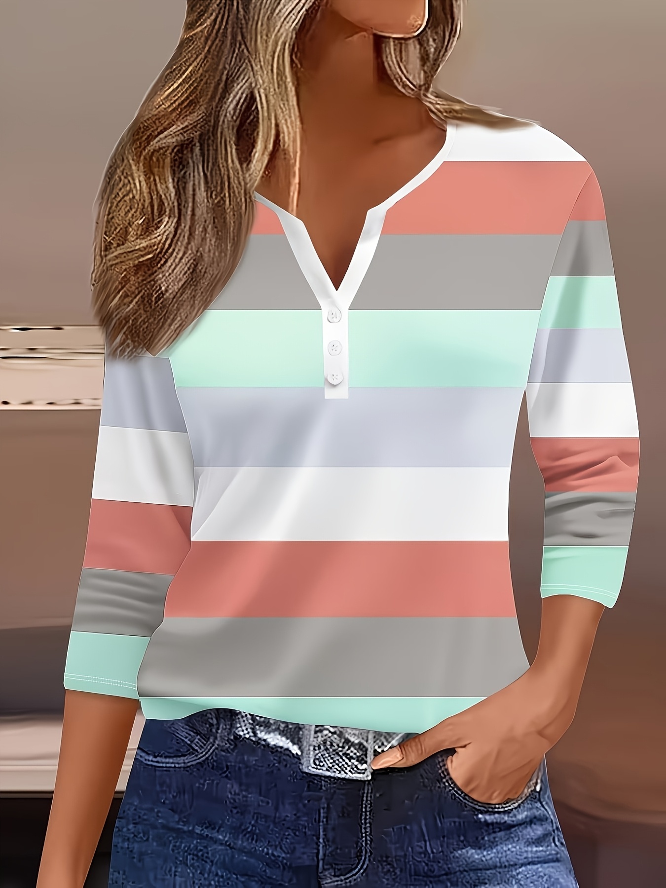 nouvelle arrivée printemps/Été mode femme, style décontracté, t shirt de base ample à rayures, col en v, manches trois quarts, boutonné, haut polyvalent pour les trajets quotidiens et les rendez vous, tendance streetwear pour sortie quotidienne, lavable en machine convient pour un usage quotidien nouvelle arrivée printemps/Été mode femme, style décontracté, t shirt de base ample à rayures, col en v, manches trois quarts, boutonné, haut polyvalent pour les trajets quotidiens et les rendez vous, tendance streetwear pour sortie quotidienne, lavable en machine convient pour un usage quotidien