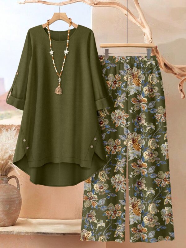 Home ensemble 2 pièces grande taille : haut uni à ourlet irrégulier et pantalon à imprimé floral, élégance au quotidien