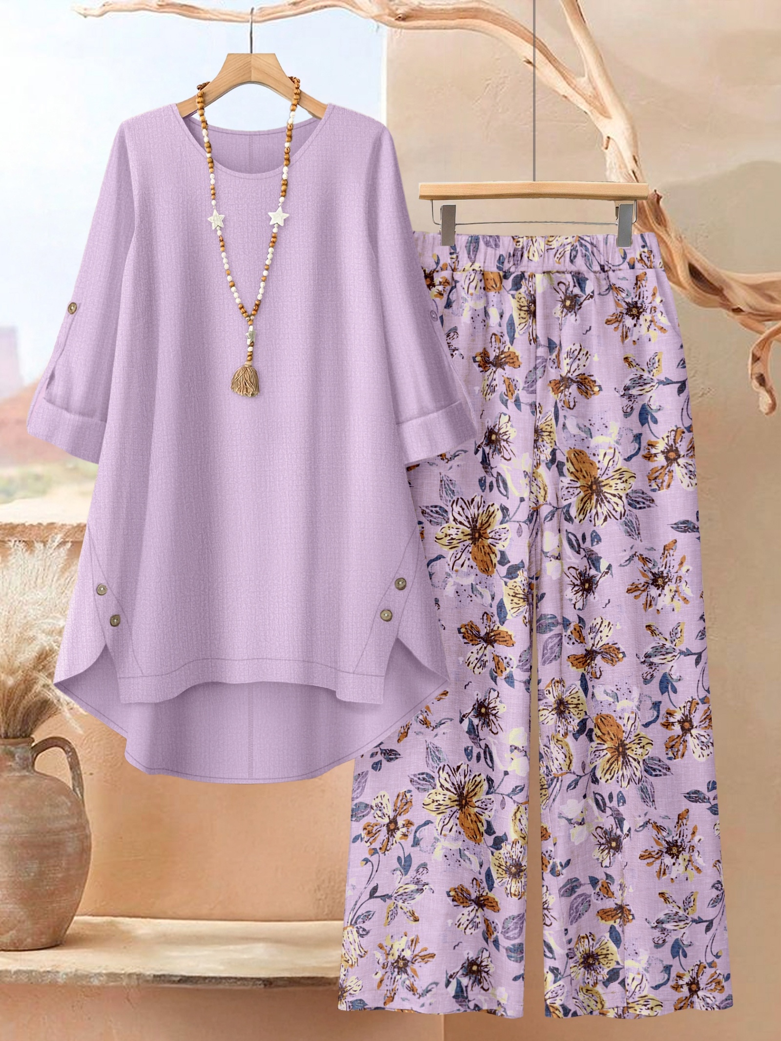 ensemble 2 pièces grande taille : haut uni à ourlet irrégulier et pantalon à imprimé floral, élégance au quotidien ensemble 2 pièces grande taille : haut uni à ourlet irrégulier et pantalon à imprimé floral, élégance au quotidien