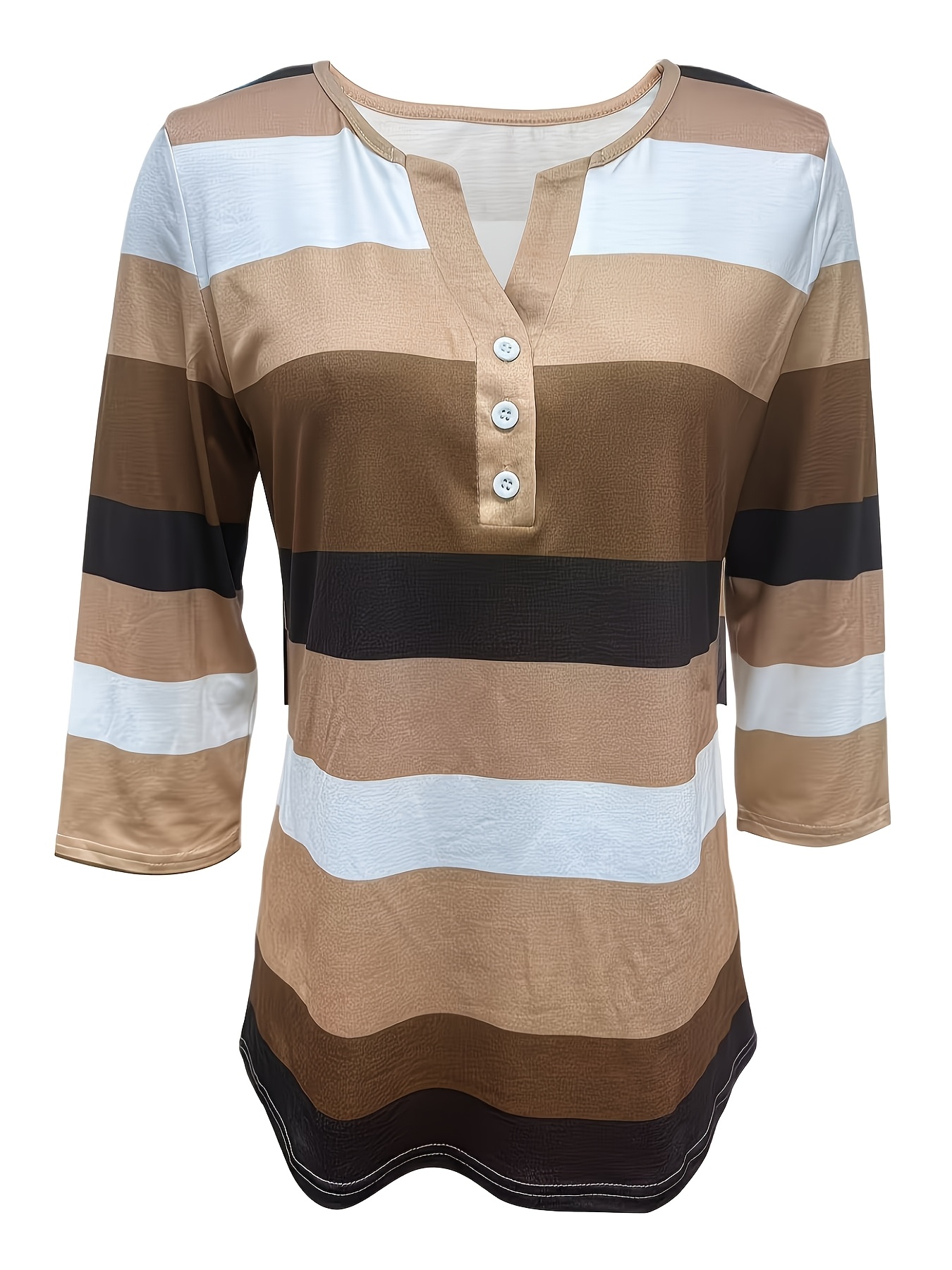nouvelle arrivée printemps/Été mode femme, style décontracté, t shirt de base ample à rayures, col en v, manches trois quarts, boutonné, haut polyvalent pour les trajets quotidiens et les rendez vous, tendance streetwear pour sortie quotidienne, lavable en machine convient pour un usage quotidien nouvelle arrivée printemps/Été mode femme, style décontracté, t shirt de base ample à rayures, col en v, manches trois quarts, boutonné, haut polyvalent pour les trajets quotidiens et les rendez vous, tendance streetwear pour sortie quotidienne, lavable en machine convient pour un usage quotidien