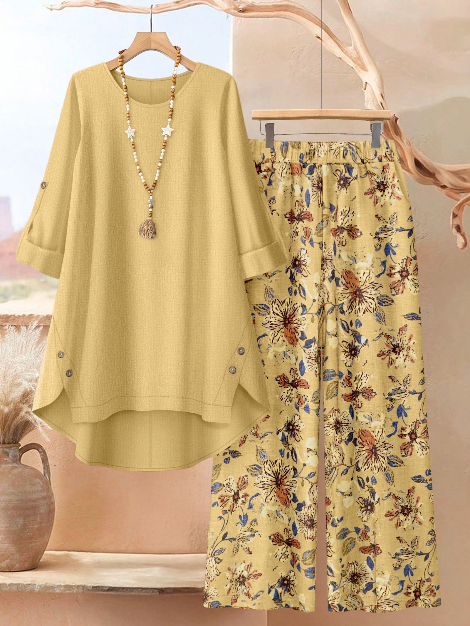 ensemble 2 pièces grande taille : haut uni à ourlet irrégulier et pantalon à imprimé floral, élégance au quotidien ensemble 2 pièces grande taille : haut uni à ourlet irrégulier et pantalon à imprimé floral, élégance au quotidien