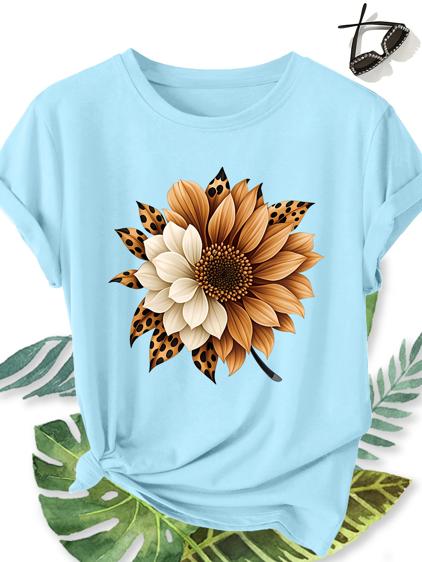 t shirt femme Élégant grande taille manches courtes, motif floral tournesol et imprimé léopard, col rond confortable doux et respirant, nouvelle collection printemps Été, cadeau idéal, haut rétro décontracté tendance pour le quotidien, les voyages et les trajets domicile travail t shirt femme Élégant grande taille manches courtes, motif floral tournesol et imprimé léopard, col rond confortable doux et respirant, nouvelle collection printemps Été, cadeau idéal, haut rétro décontracté tendance pour le quotidien, les voyages et les trajets domicile travail