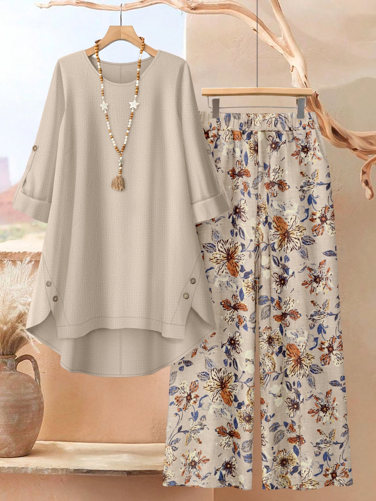 ensemble 2 pièces grande taille : haut uni à ourlet irrégulier et pantalon à imprimé floral, élégance au quotidien ensemble 2 pièces grande taille : haut uni à ourlet irrégulier et pantalon à imprimé floral, élégance au quotidien