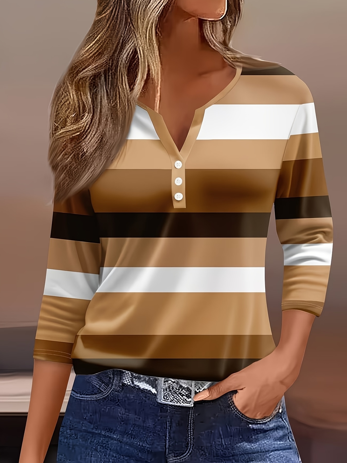 nouvelle arrivée printemps/Été mode femme, style décontracté, t shirt de base ample à rayures, col en v, manches trois quarts, boutonné, haut polyvalent pour les trajets quotidiens et les rendez vous, tendance streetwear pour sortie quotidienne, lavable en machine convient pour un usage quotidien nouvelle arrivée printemps/Été mode femme, style décontracté, t shirt de base ample à rayures, col en v, manches trois quarts, boutonné, haut polyvalent pour les trajets quotidiens et les rendez vous, tendance streetwear pour sortie quotidienne, lavable en machine convient pour un usage quotidien