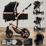 Poussette de Luxe 3 en 1 – Noir & Doré