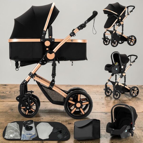 Home poussette de luxe 3 en 1 pour bébé, système de voyage, landau pour nouveau né avec nacelle, siège auto pour nourrisson, poussette pliable à position haute, siège réversible (vers les parents et vers l'extérieur), dossier réglable, roues eva, absorption des chocs, pour bébés de 0 à 3 ans