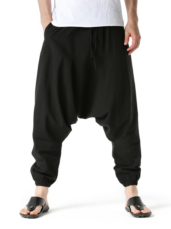pantalon harem homme en coton et lin taille oversize à jambes larges avec entrejambe tombant, coupe décontractée sans ceinture (s xxxl) | tissu respirant pour printemps/automne, tenue décontractée et extérieure | pantalon harem style bohème à taille moyenne pour homme