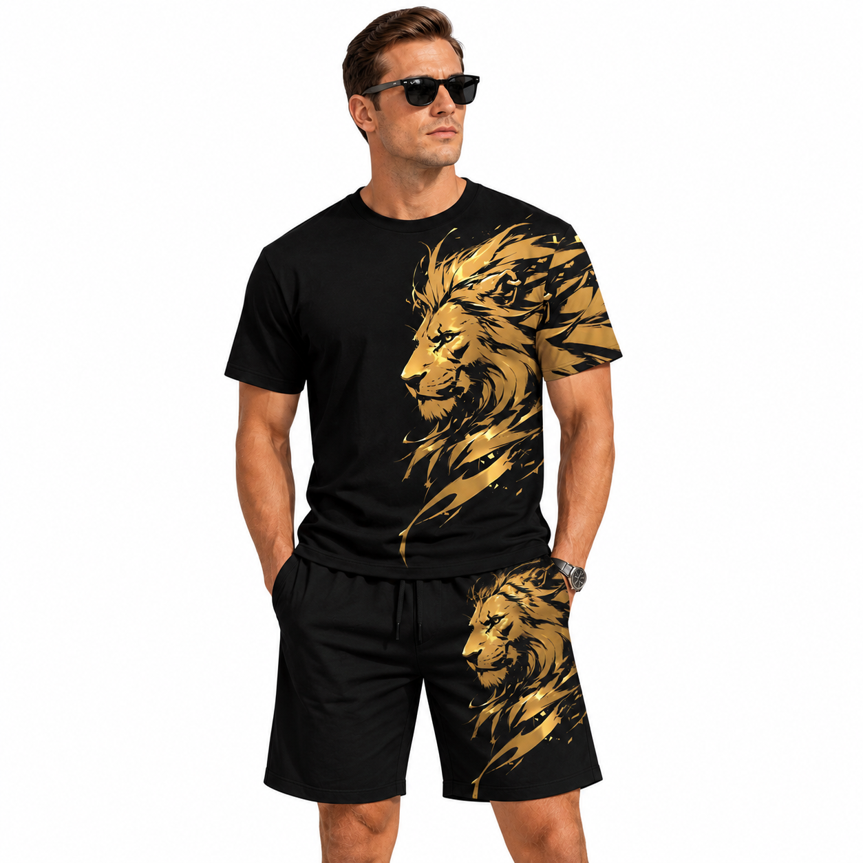 ensemble homme imprimé lion 3d noir & doré ensemble homme imprimé lion 3d noir & doré