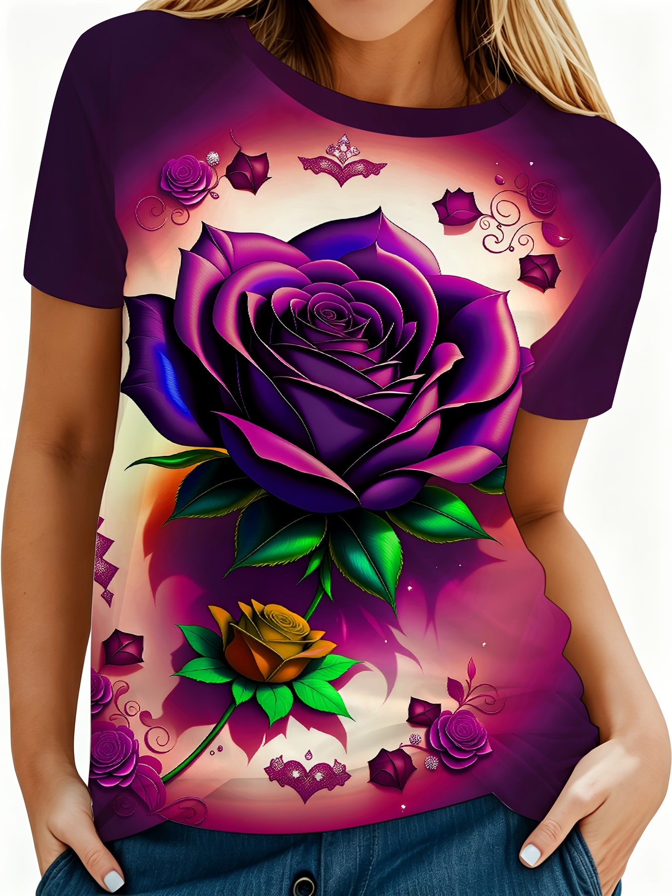 t shirt tendance à motif de roses violet foncé, haut décontracté et élégant à manches courtes pour femmes, t shirt imprimé à motif floral super mignon, haut de style avant gardiste t shirt tendance à motif de roses violet foncé, haut décontracté et élégant à manches courtes pour femmes, t shirt imprimé à motif floral super mignon, haut de style avant gardiste